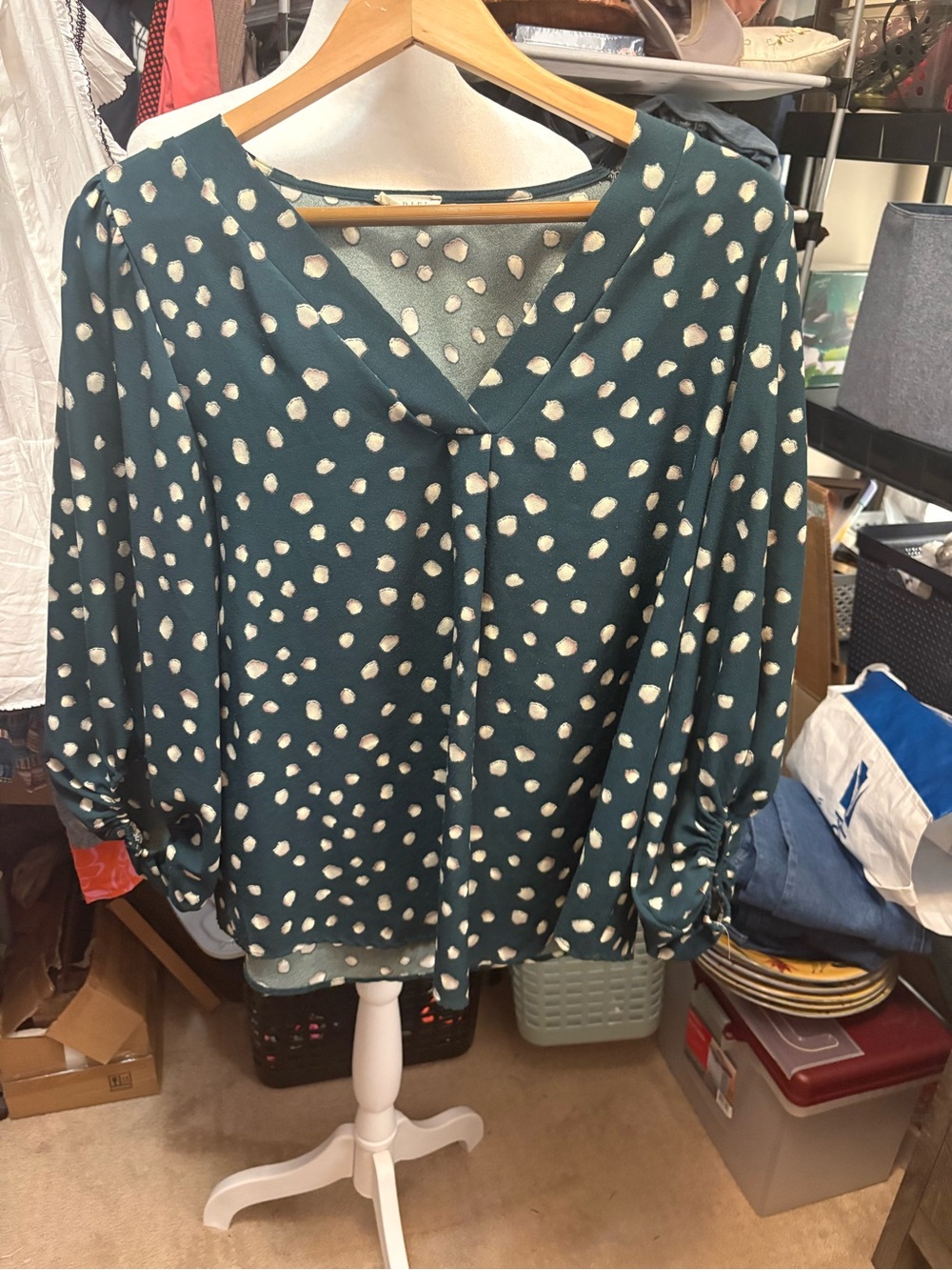 Ladies Teal Dot Print V-Neck Blouse